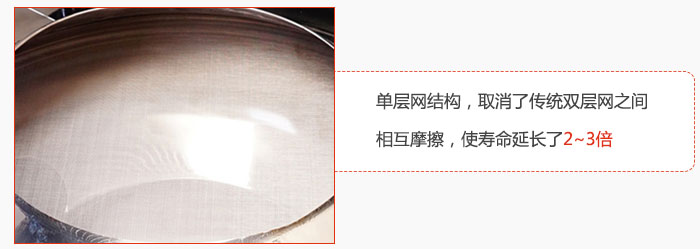 單層網(wǎng)結(jié)構(gòu)，取消了傳統(tǒng)雙層網(wǎng)之間相互摩擦，使壽命延長(zhǎng)了2~3倍