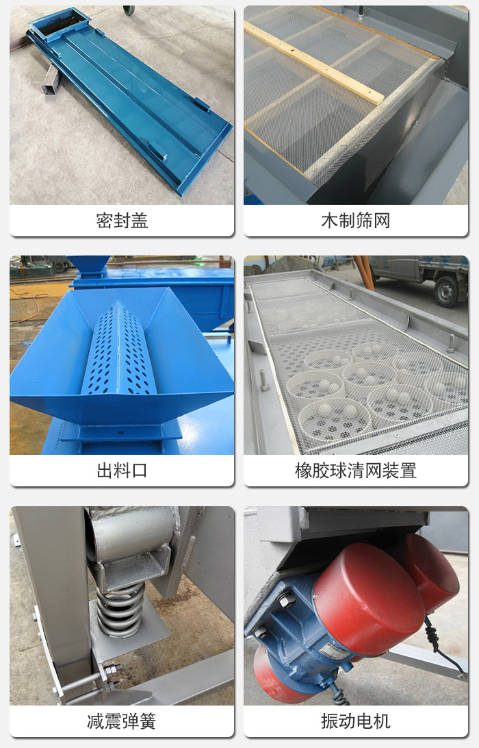 直線篩分機(jī)的結(jié)構(gòu)展示圖：篩箱是物料主要篩分設(shè)備之一，篩網(wǎng)用于篩分物料，振動電機(jī)幫助篩網(wǎng)篩分。