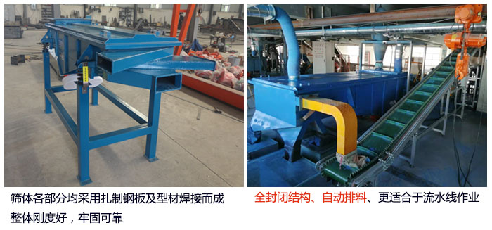 直線篩分機(jī)篩體各部分均采用扎制鋼板及型材焊接而成整體剛度好，牢固可靠；全封閉結(jié)構(gòu)、自動排料、更適合于流水線作業(yè)。
