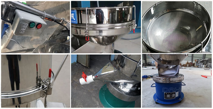 過濾篩細節展示:控制開關,篩框,出料口閥門,底座等